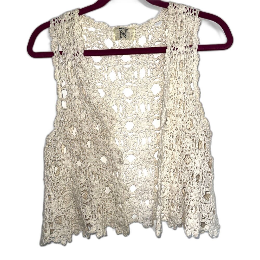 Ivory Crochet Open Front Vest Sz Small Boho Hippie Cottagecore Layers Festival
